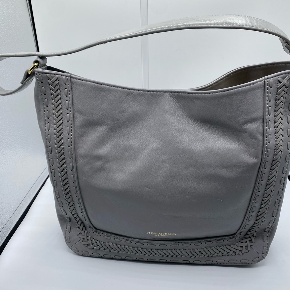 576Tignanello Grey leather shoulder bag NWOT w/whipstitch trim 11X10X3.5